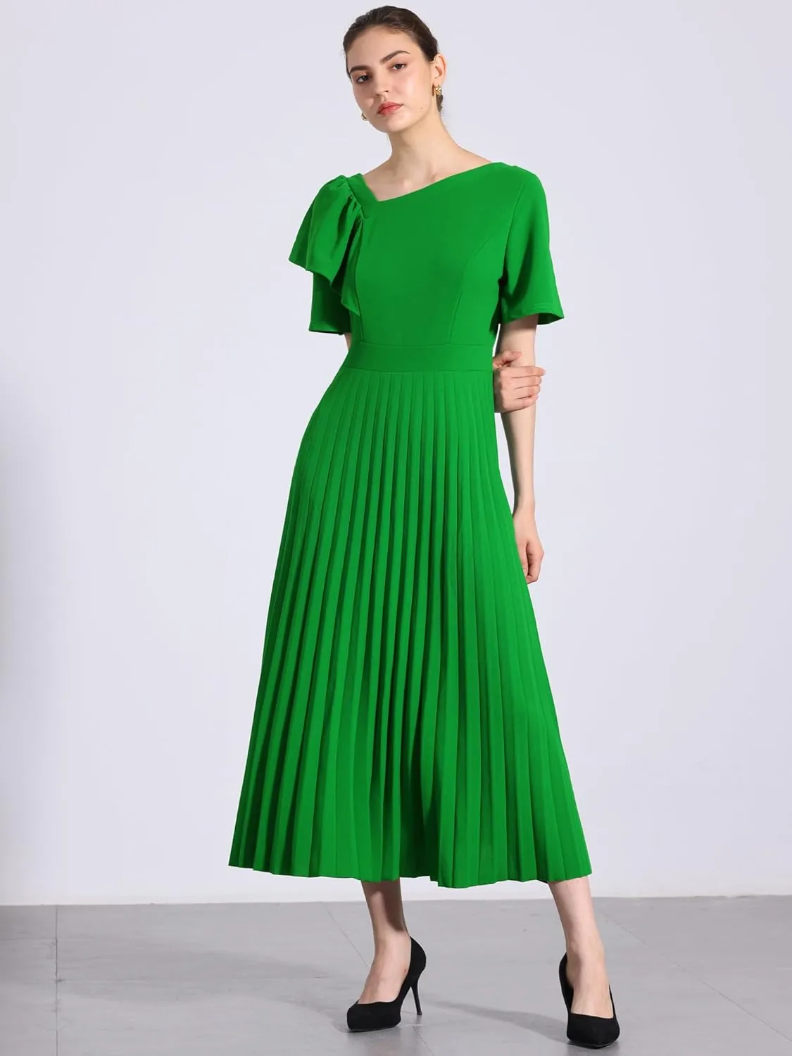 Allegra K Ruffles Short Sleeve Dress for Women's Asymmetrical Neck Pleated Hem Midi Dress