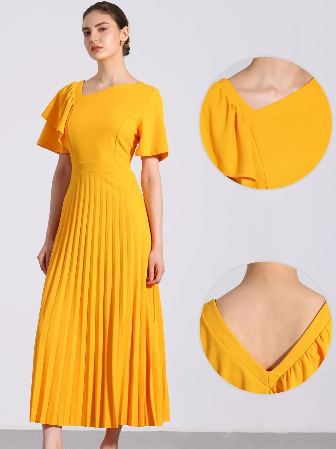 Allegra K Ruffles Short Sleeve Dress for Women's Asymmetrical Neck Pleated Hem Midi Dress
