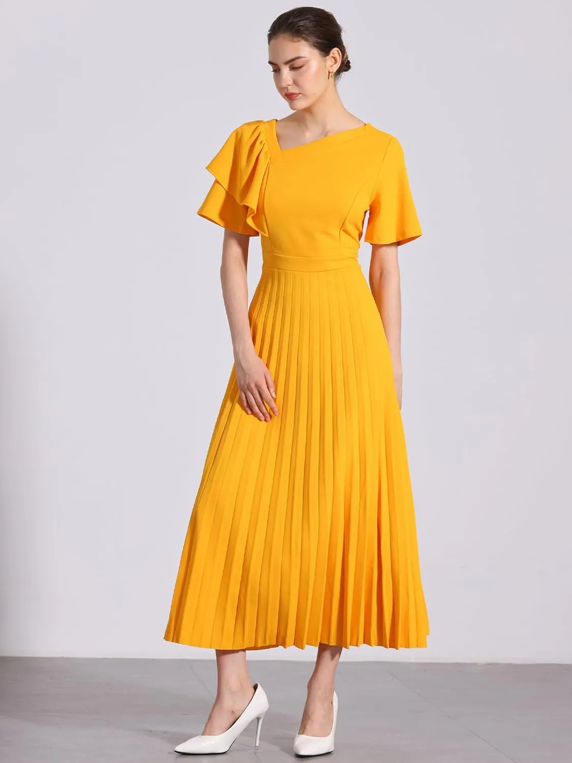 Allegra K Ruffles Short Sleeve Dress for Women's Asymmetrical Neck Pleated Hem Midi Dress