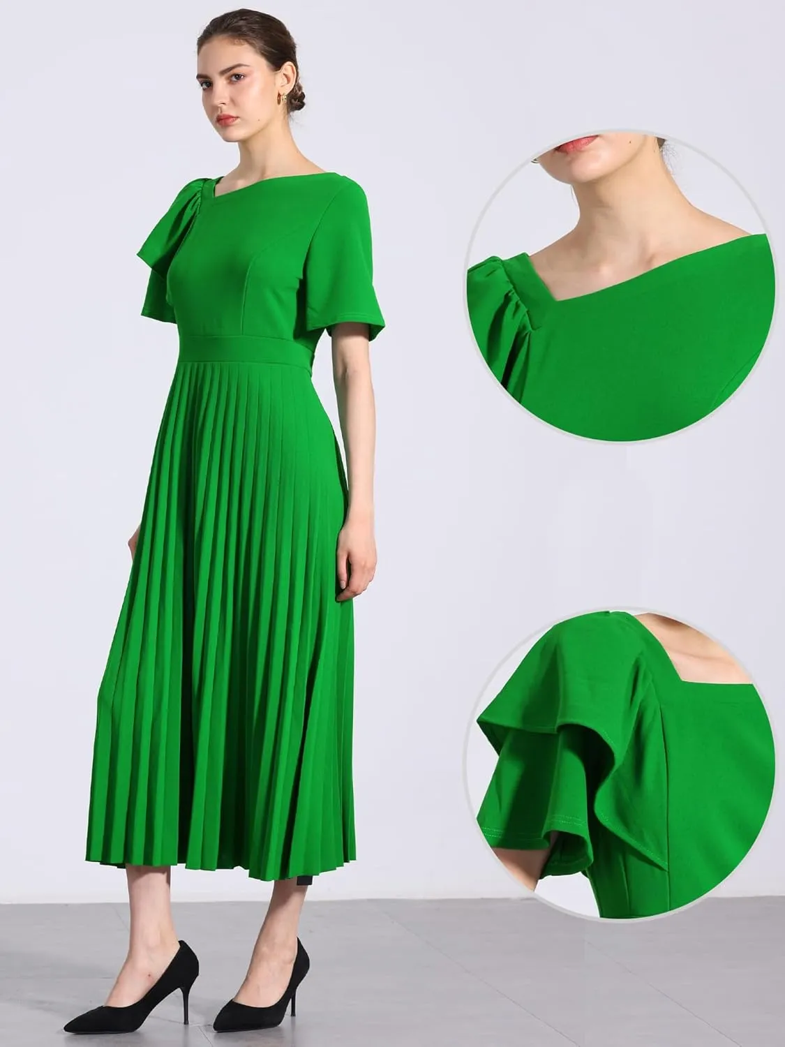 Allegra K Ruffles Short Sleeve Dress for Women's Asymmetrical Neck Pleated Hem Midi Dress