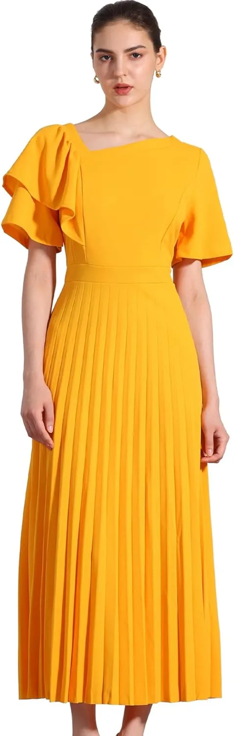 Allegra K Ruffles Short Sleeve Dress for Women's Asymmetrical Neck Pleated Hem Midi Dress