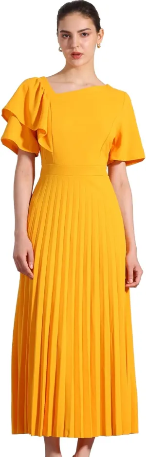 Allegra K Ruffles Short Sleeve Dress for Women's Asymmetrical Neck Pleated Hem Midi Dress