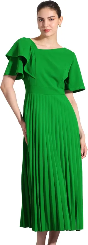 Allegra K Ruffles Short Sleeve Dress for Women's Asymmetrical Neck Pleated Hem Midi Dress