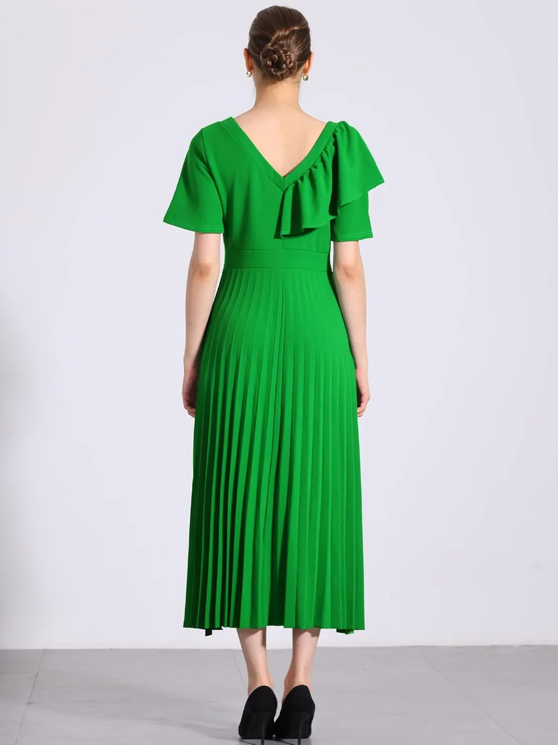 Allegra K Ruffles Short Sleeve Dress for Women's Asymmetrical Neck Pleated Hem Midi Dress