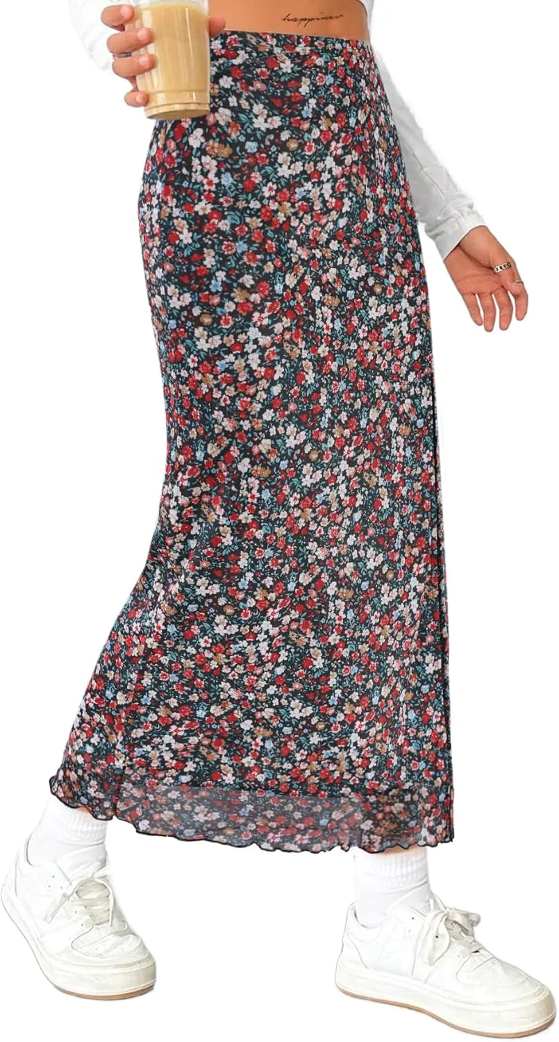 Avanova Women's Mesh Slit Split Long Skirts High Waisted Sexy Summer Maxi Skirts