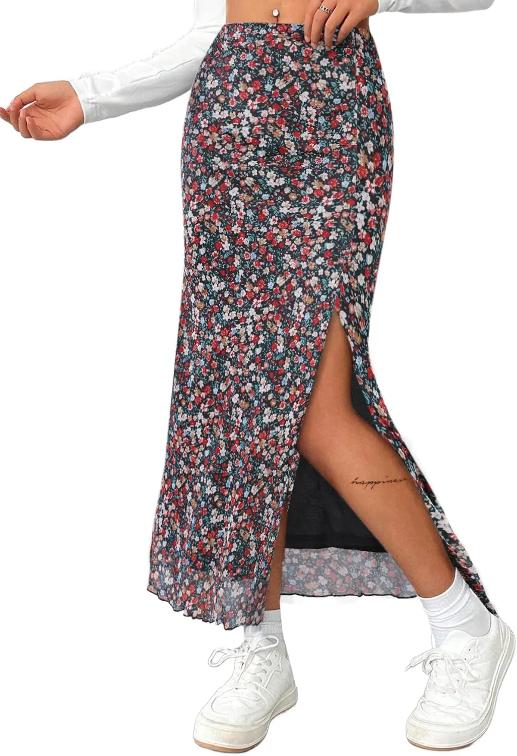 Avanova Women's Mesh Slit Split Long Skirts High Waisted Sexy Summer Maxi Skirts