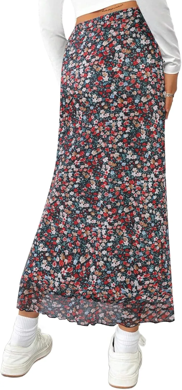 Avanova Women's Mesh Slit Split Long Skirts High Waisted Sexy Summer Maxi Skirts