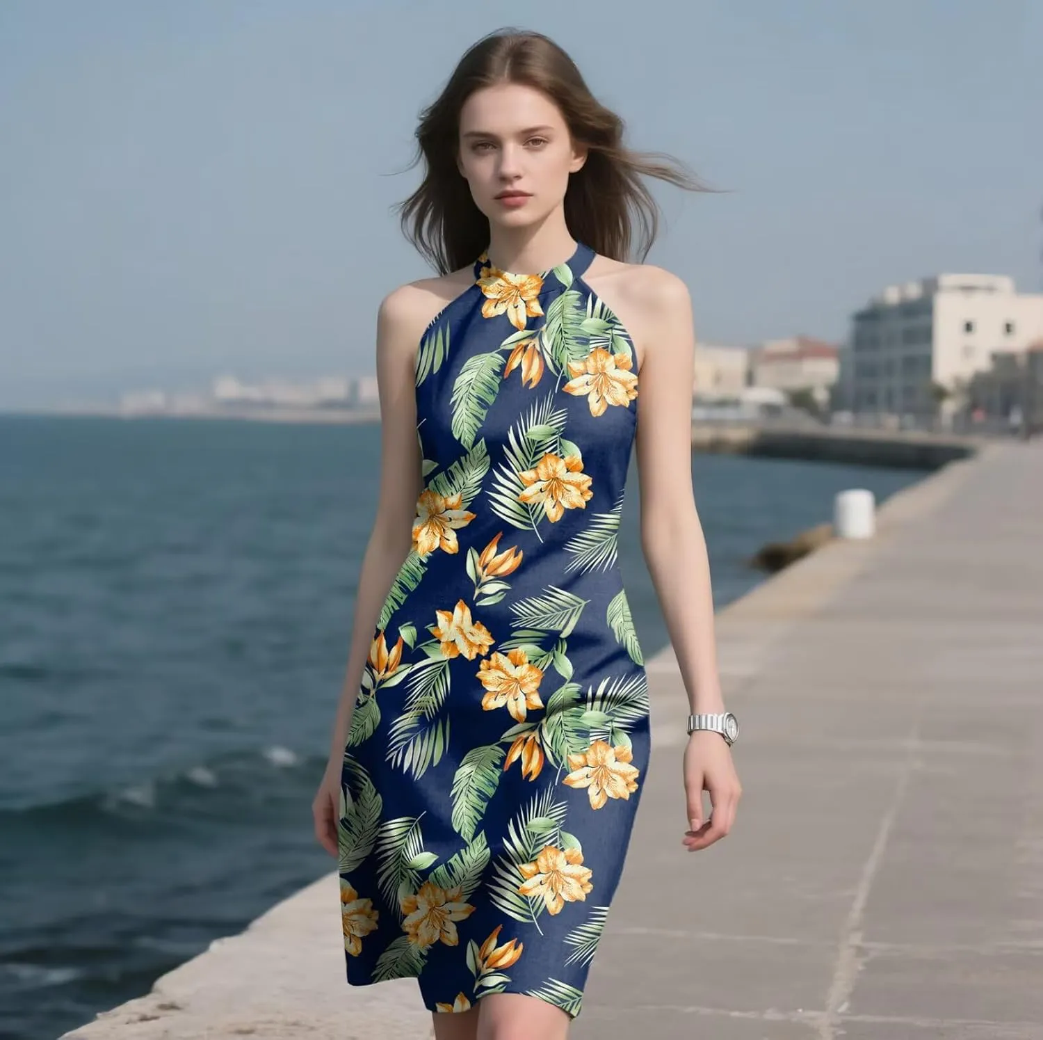 Beimuc Women Summer Sleeveless Halter Neck Dresses 2025 Casual Floral Print Dress Mid Sun Dress for Party Beach Vacation