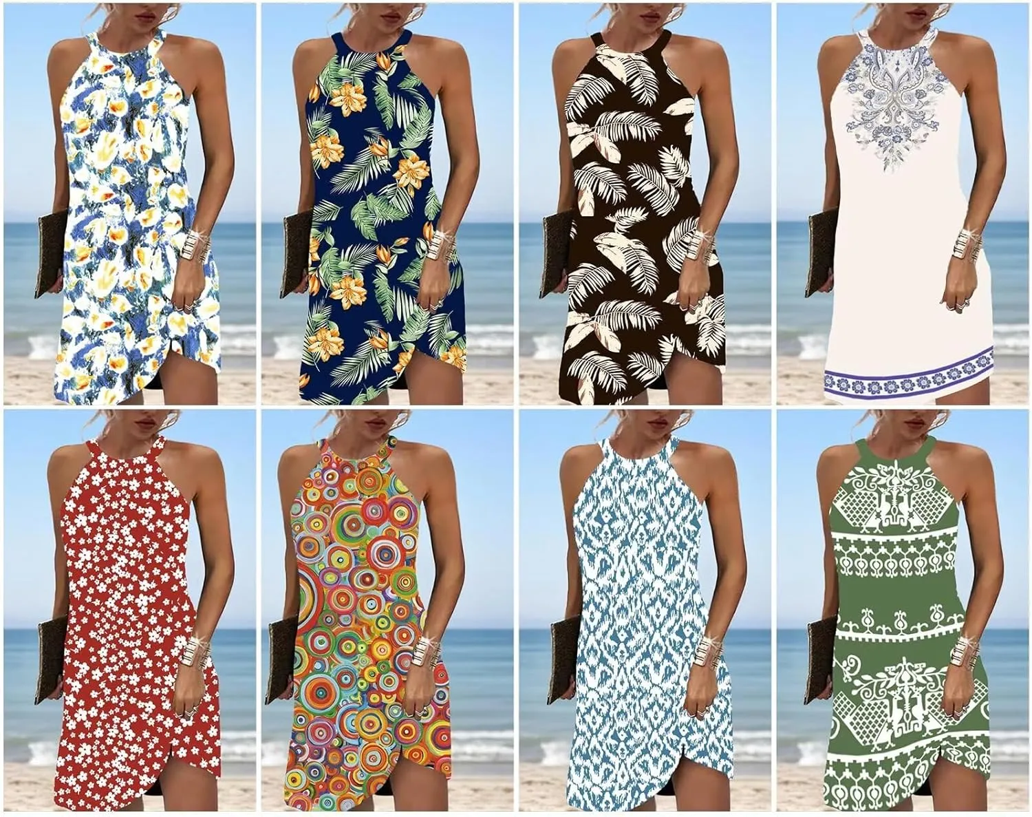 Beimuc Women Summer Sleeveless Halter Neck Dresses 2025 Casual Floral Print Dress Mid Sun Dress for Party Beach Vacation