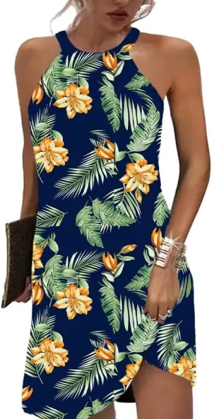 Beimuc Women Summer Sleeveless Halter Neck Dresses 2025 Casual Floral Print Dress Mid Sun Dress for Party Beach Vacation