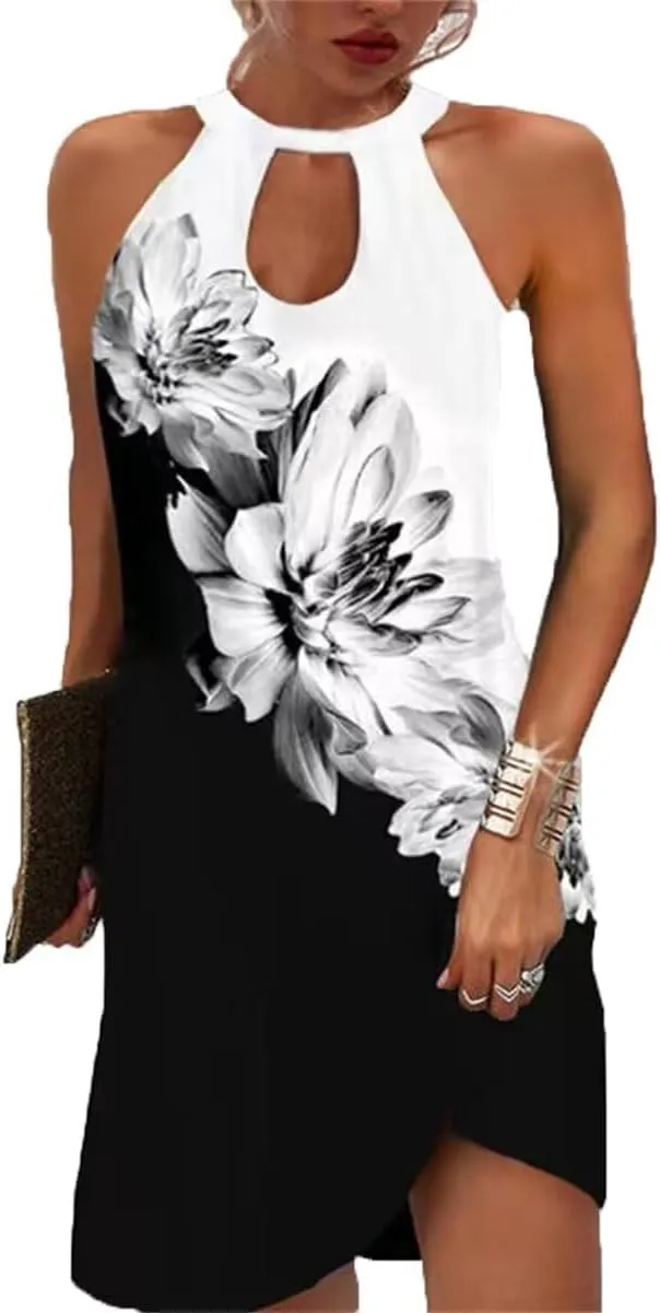 Beimuc Women Summer Sleeveless Halter Neck Dresses 2025 Casual Floral Print Dress Mid Sun Dress for Party Beach Vacation