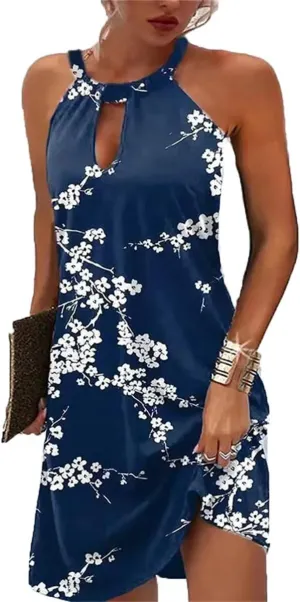 Beimuc Women Summer Sleeveless Halter Neck Dresses 2025 Casual Floral Print Dress Mid Sun Dress for Party Beach Vacation