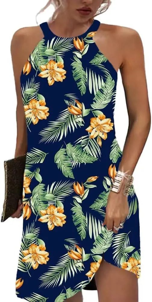 Beimuc Women Summer Sleeveless Halter Neck Dresses 2025 Casual Floral Print Dress Mid Sun Dress for Party Beach Vacation