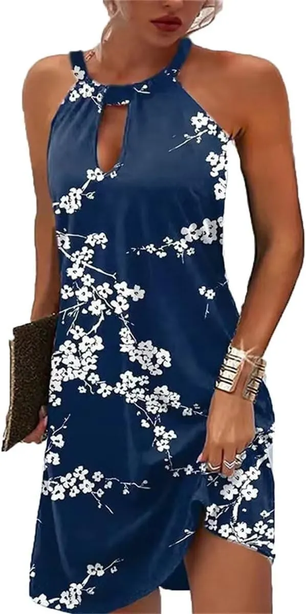 Beimuc Women Summer Sleeveless Halter Neck Dresses 2025 Casual Floral Print Dress Mid Sun Dress for Party Beach Vacation