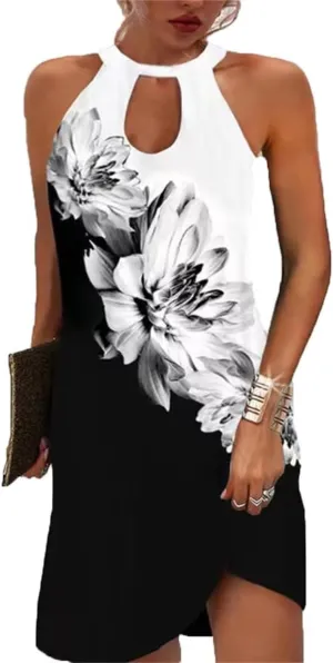 Beimuc Women Summer Sleeveless Halter Neck Dresses 2025 Casual Floral Print Dress Mid Sun Dress for Party Beach Vacation