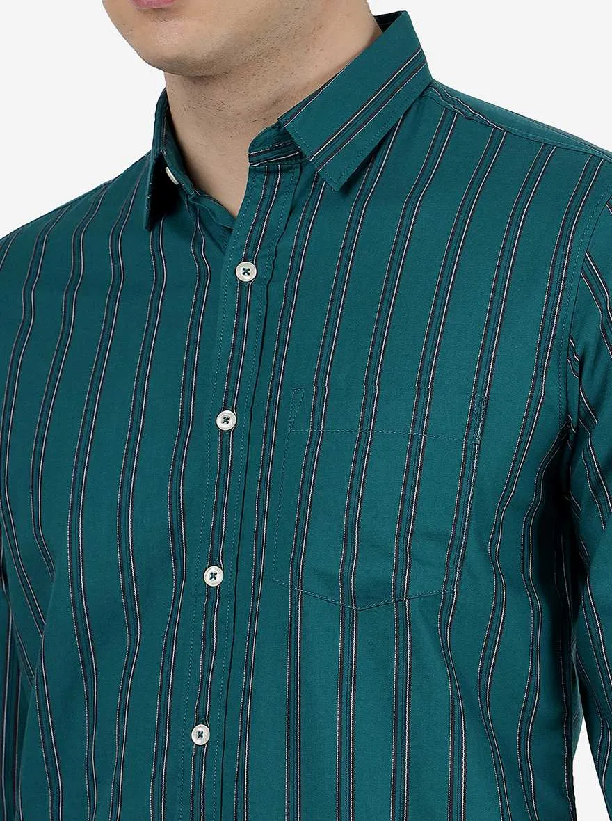 Bottle Green Striped Slim Fit Casual Shirt | JadeBlue