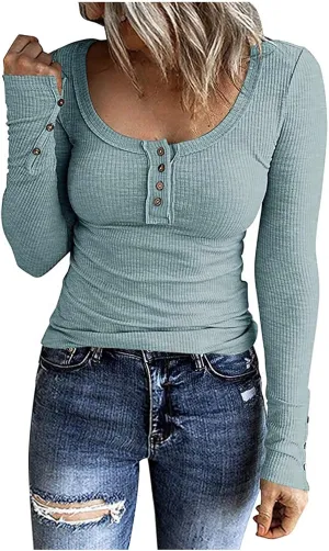 Ceboyel Long Sleeve Shirts for Women Trendy Ribbed Knit Blouses Button Down Henley Tops Fitted Cute Laides Fall Outfits 2023