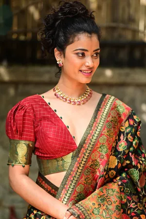 Chili red deep V neck checked blouse with puff sleeves in Chettinad cotton