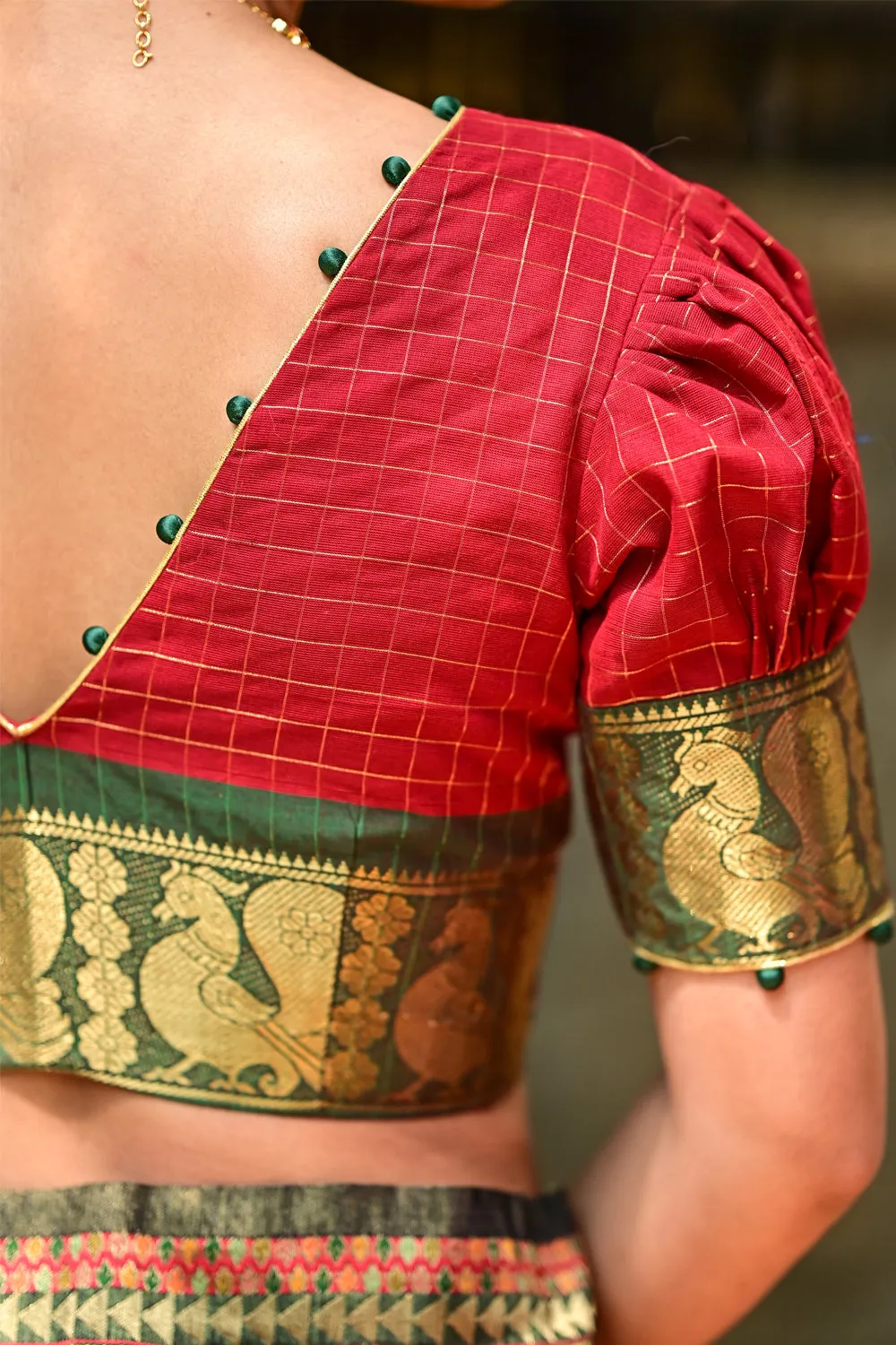 Chili red deep V neck checked blouse with puff sleeves in Chettinad cotton
