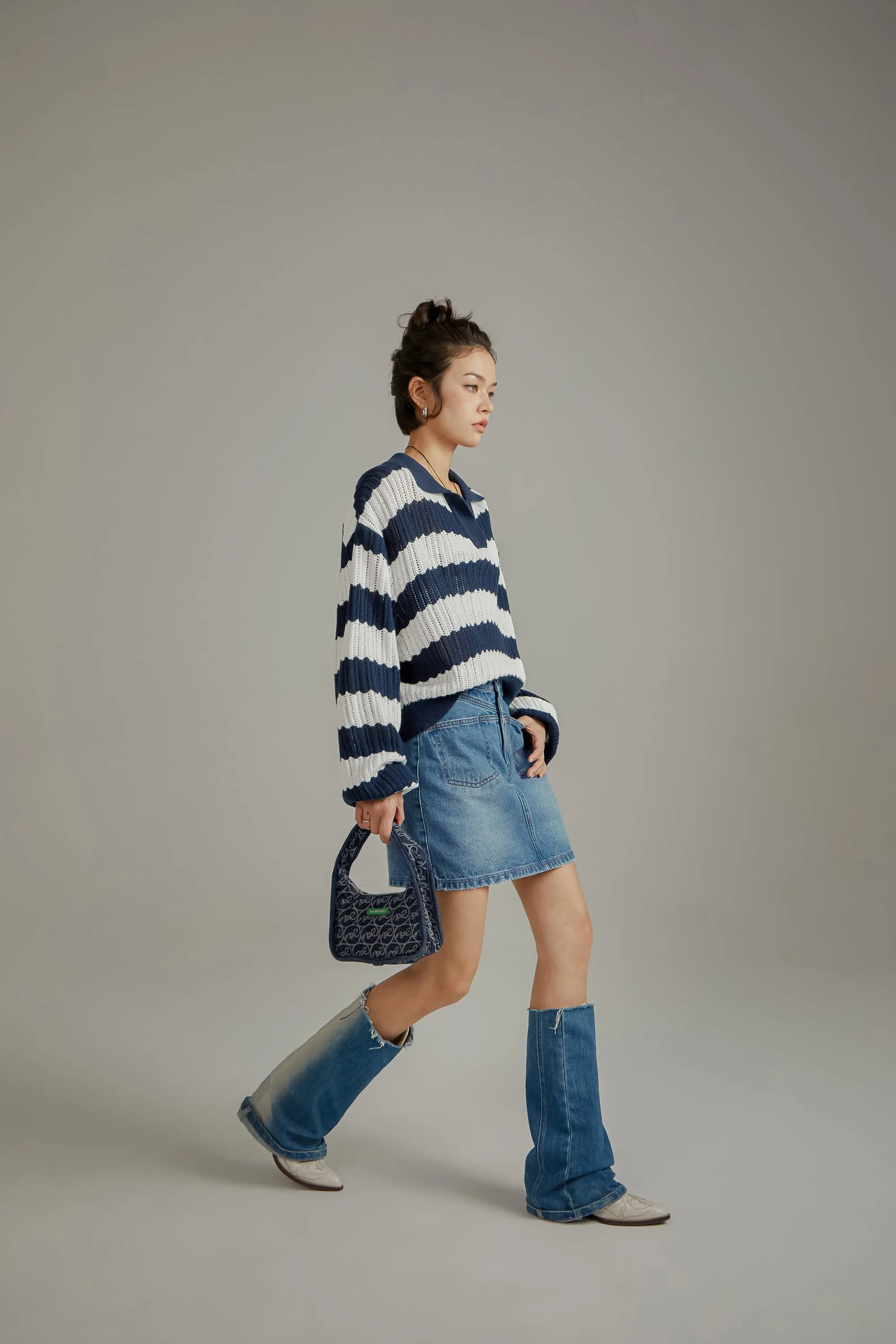 Color Combination Stripe Open Collar Knit Sweater