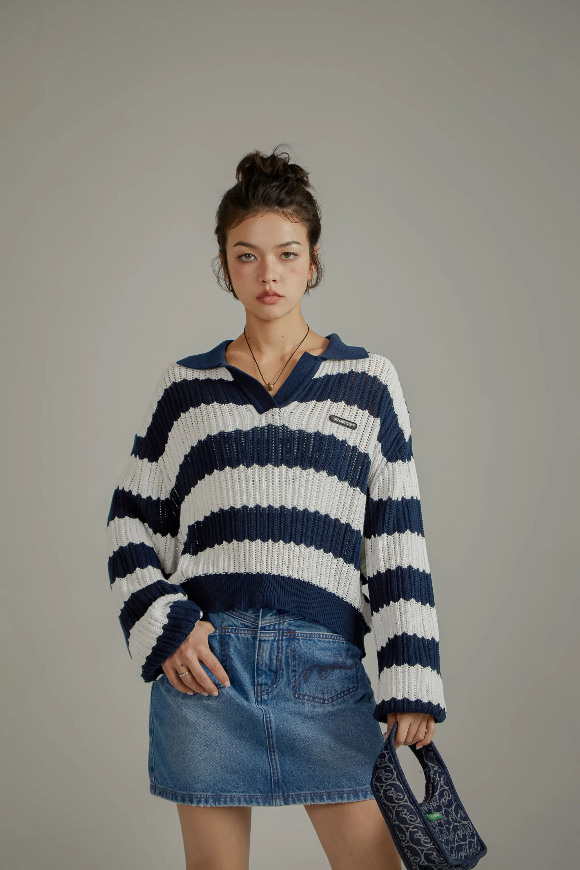 Color Combination Stripe Open Collar Knit Sweater
