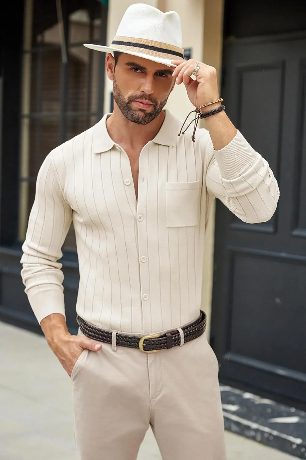 COOFANDY Men's Casual Knit Polo Shirts Long Sleeve Button Down Sweater Polo Ribbed Cardigan Sweater with Pocket