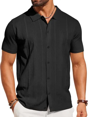 COOFANDY Mens Knit Shirt Short Sleeve Button Down Shirts Casual Summer Beach Vintage Polo Shirts