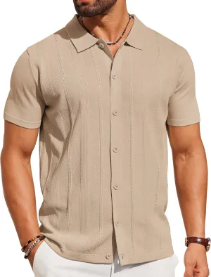 COOFANDY Mens Knit Shirt Short Sleeve Button Down Shirts Casual Summer Beach Vintage Polo Shirts