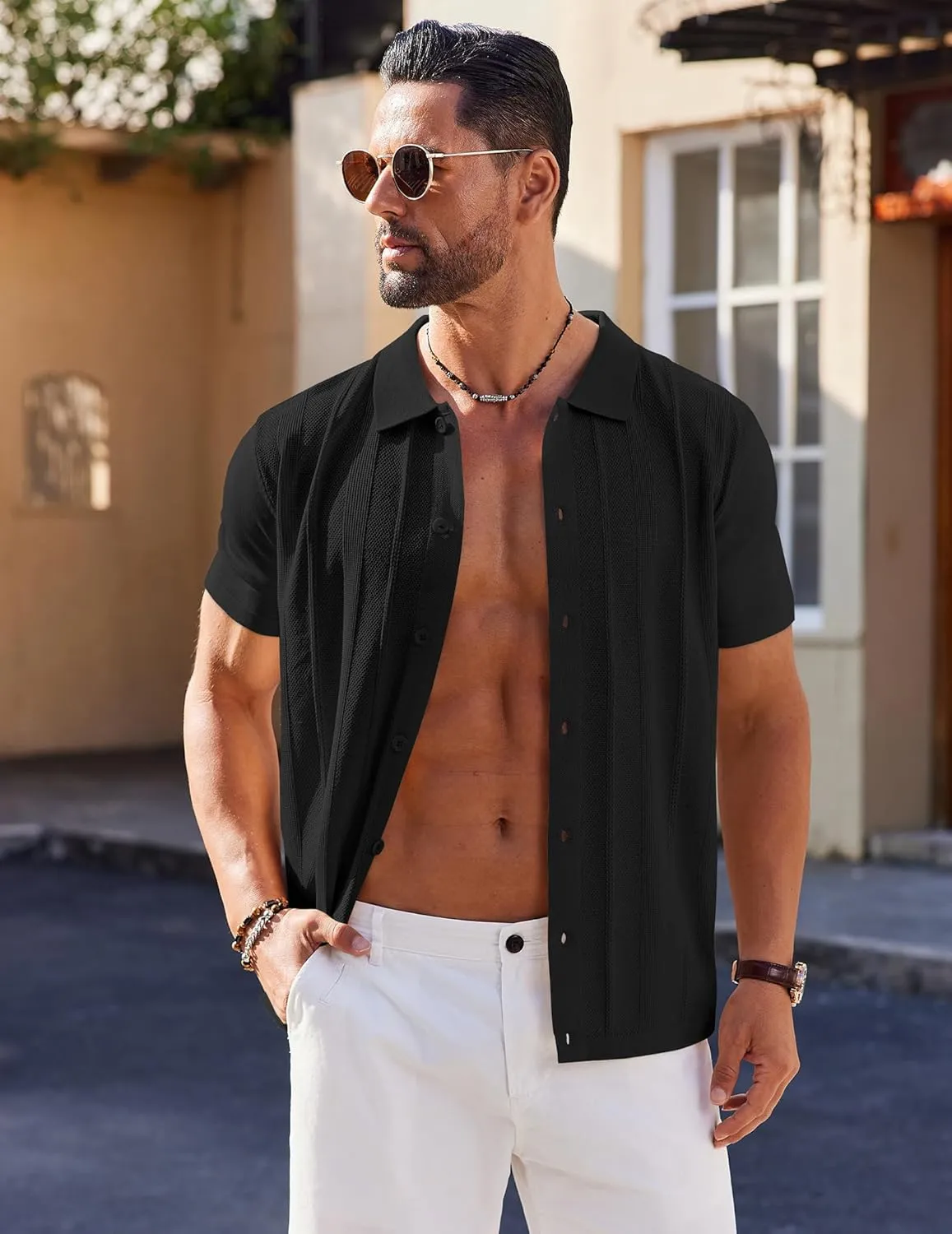 COOFANDY Mens Knit Shirt Short Sleeve Button Down Shirts Casual Summer Beach Vintage Polo Shirts