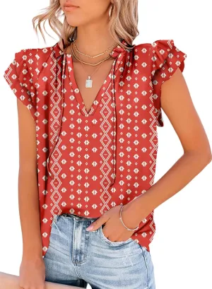 Dokotoo Women's Casual V Neck Tops Drawstring Short Sleeve T Shirt Blouses