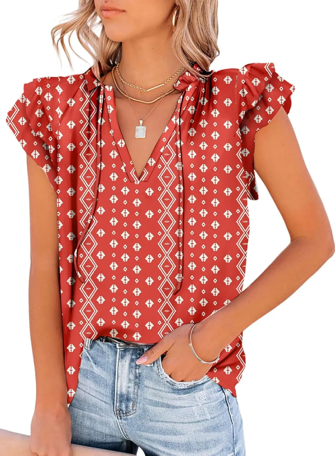 Dokotoo Women's Casual V Neck Tops Drawstring Short Sleeve T Shirt Blouses
