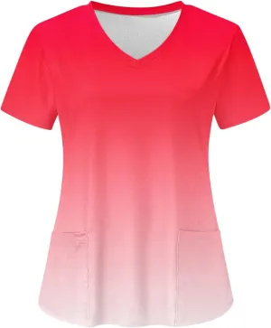 Firzero Scrub Tops for Women Casual Floral Printed Short Sleeve Nurse Work Uniform Lightweight V Neck Top with Pockets