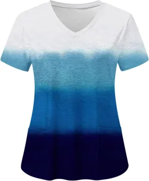Firzero Scrub Tops for Women Casual Floral Printed Short Sleeve Nurse Work Uniform Lightweight V Neck Top with Pockets