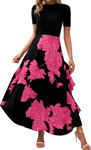 Floral Cocktail Dress for Women High Neck Short Sleeve Patchwork Ruffle Maxi Dress Aline Long Flowy Tea Party Dresses