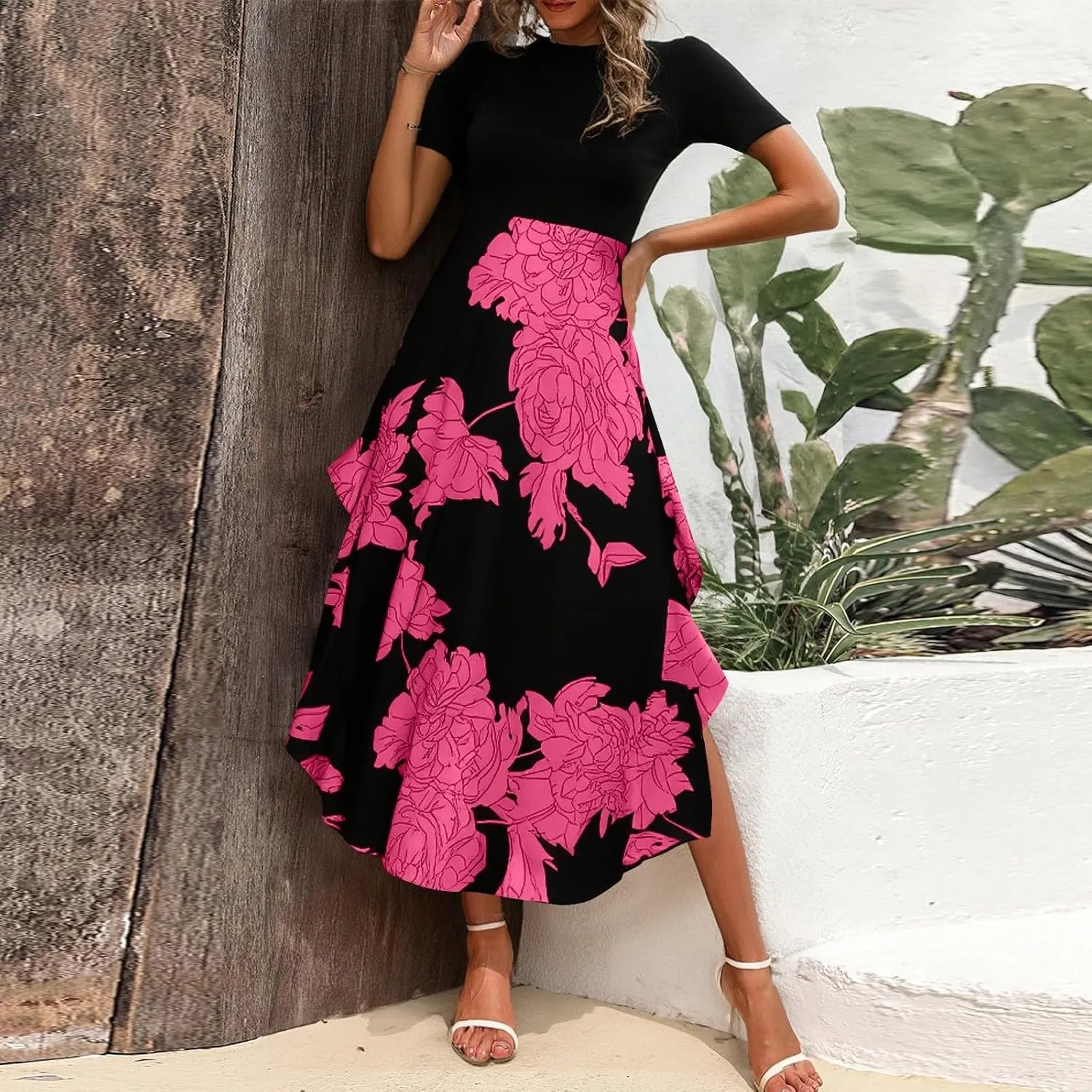 Floral Cocktail Dress for Women High Neck Short Sleeve Patchwork Ruffle Maxi Dress Aline Long Flowy Tea Party Dresses