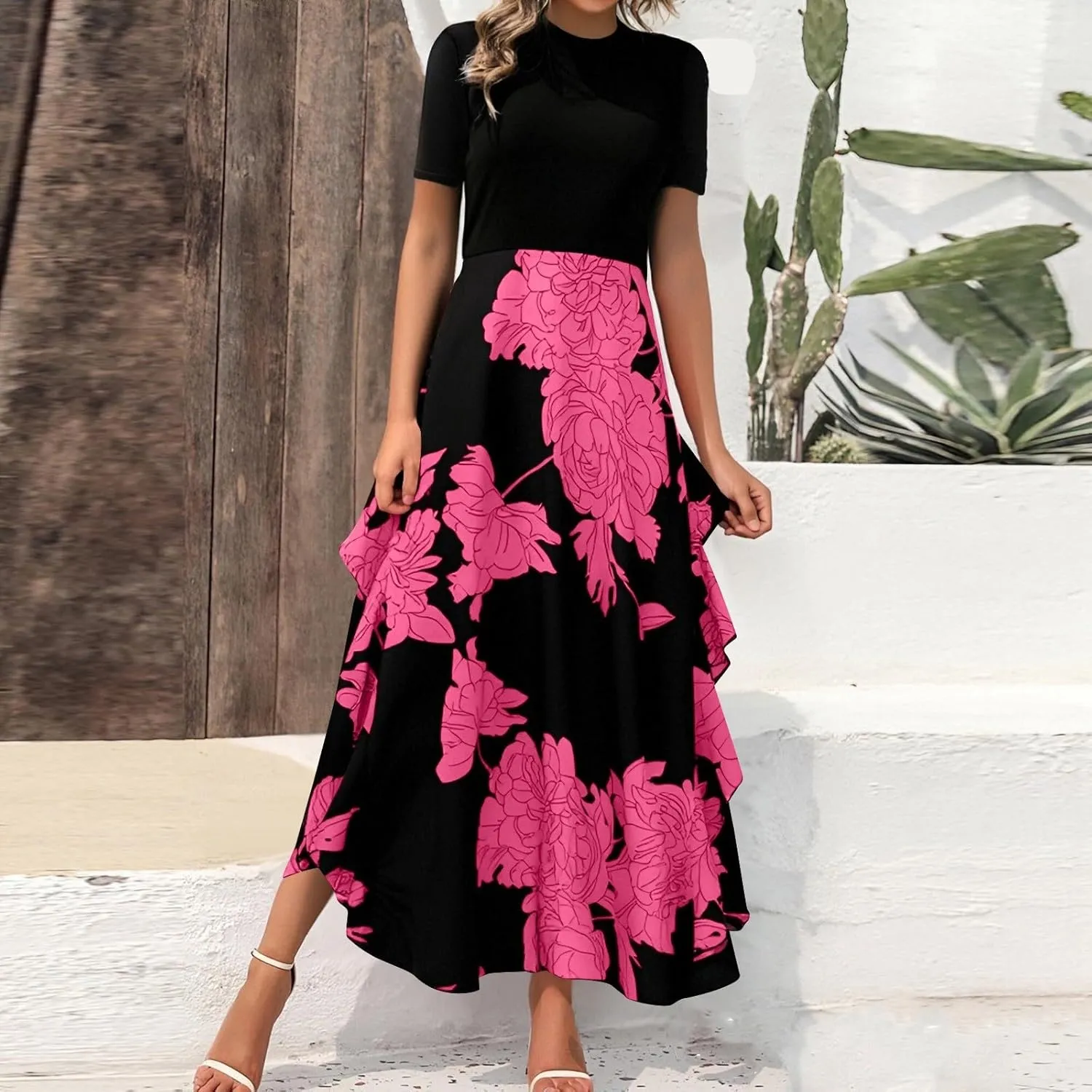Floral Cocktail Dress for Women High Neck Short Sleeve Patchwork Ruffle Maxi Dress Aline Long Flowy Tea Party Dresses