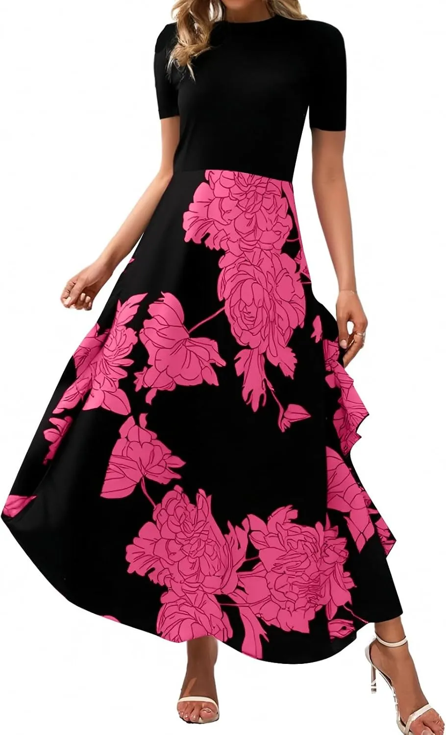 Floral Cocktail Dress for Women High Neck Short Sleeve Patchwork Ruffle Maxi Dress Aline Long Flowy Tea Party Dresses
