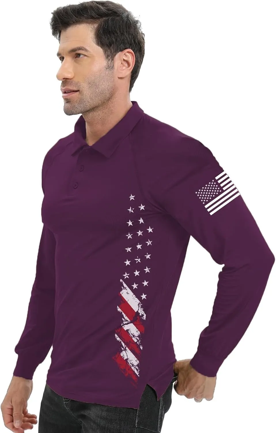H HYFOL Long Sleeve Polo Shirts for Men Graphic Stretch Casual American Patriotic Raglan Golf Polos for Men