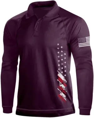 H HYFOL Long Sleeve Polo Shirts for Men Graphic Stretch Casual American Patriotic Raglan Golf Polos for Men
