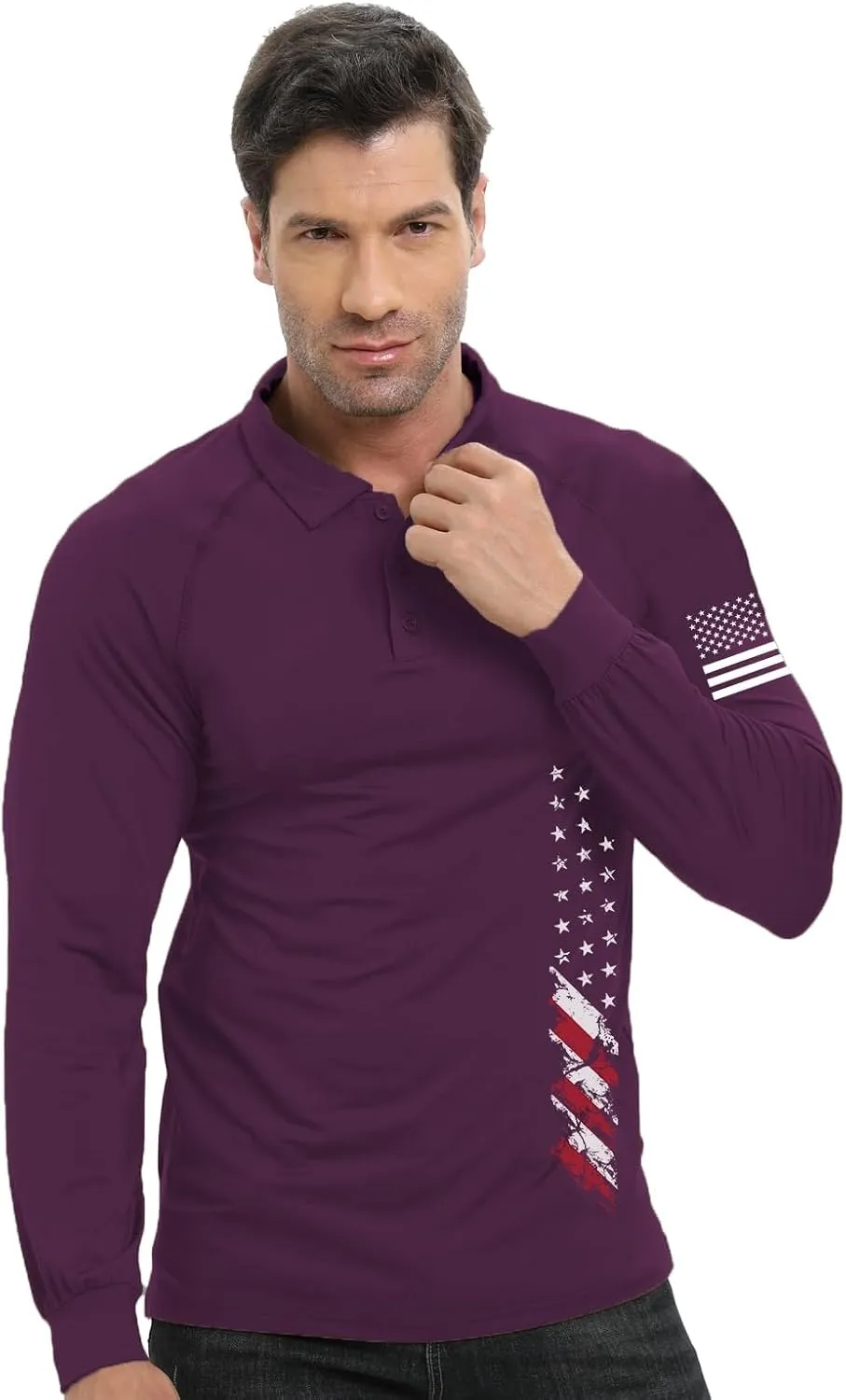 H HYFOL Long Sleeve Polo Shirts for Men Graphic Stretch Casual American Patriotic Raglan Golf Polos for Men
