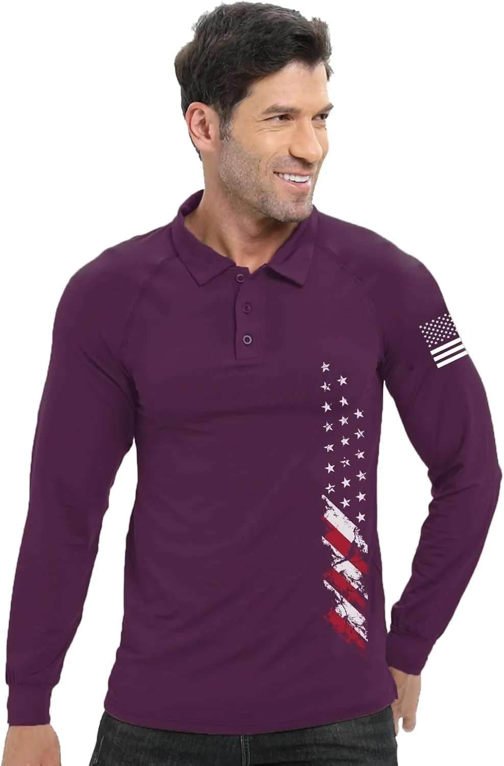 H HYFOL Long Sleeve Polo Shirts for Men Graphic Stretch Casual American Patriotic Raglan Golf Polos for Men