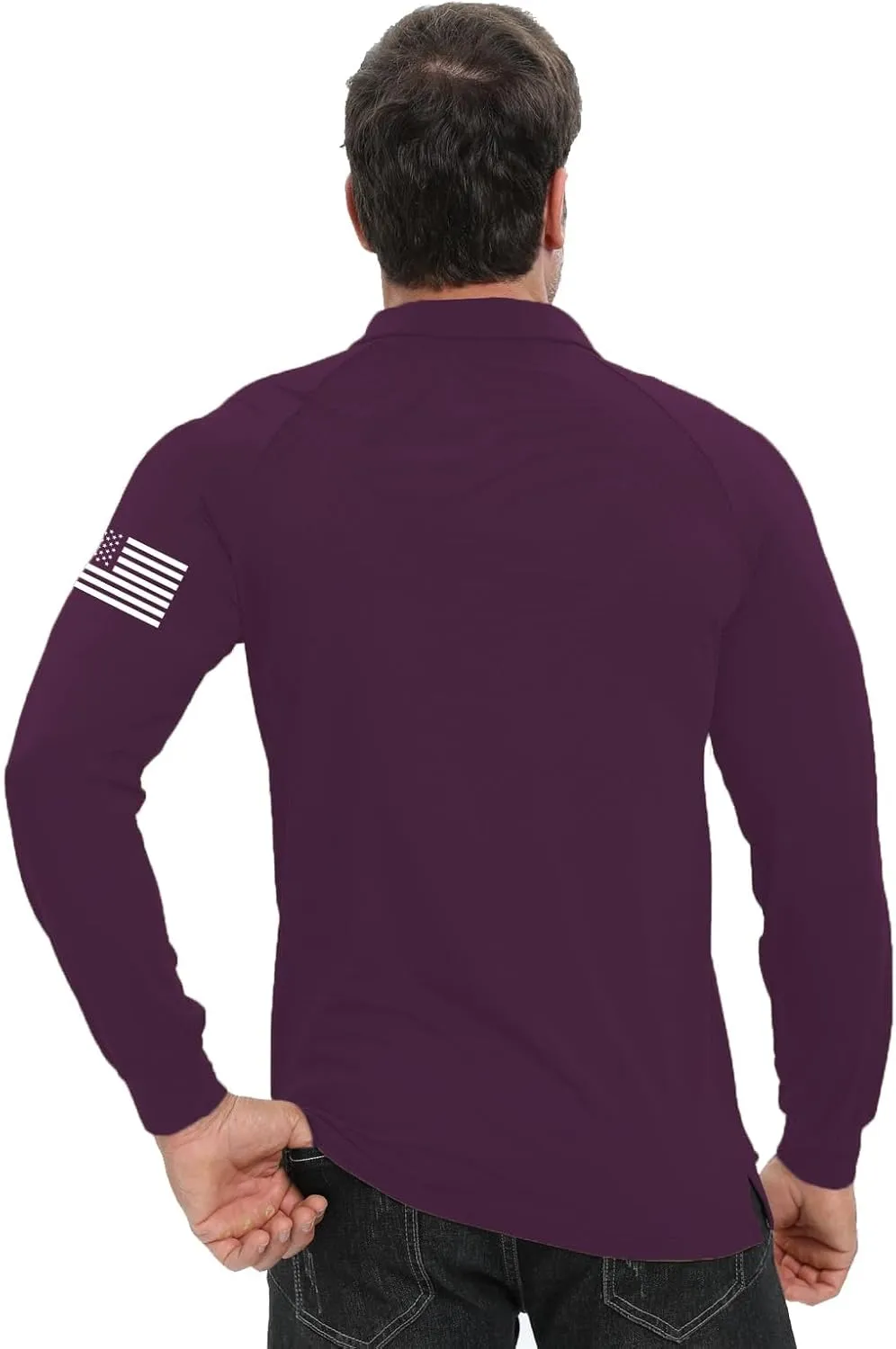 H HYFOL Long Sleeve Polo Shirts for Men Graphic Stretch Casual American Patriotic Raglan Golf Polos for Men