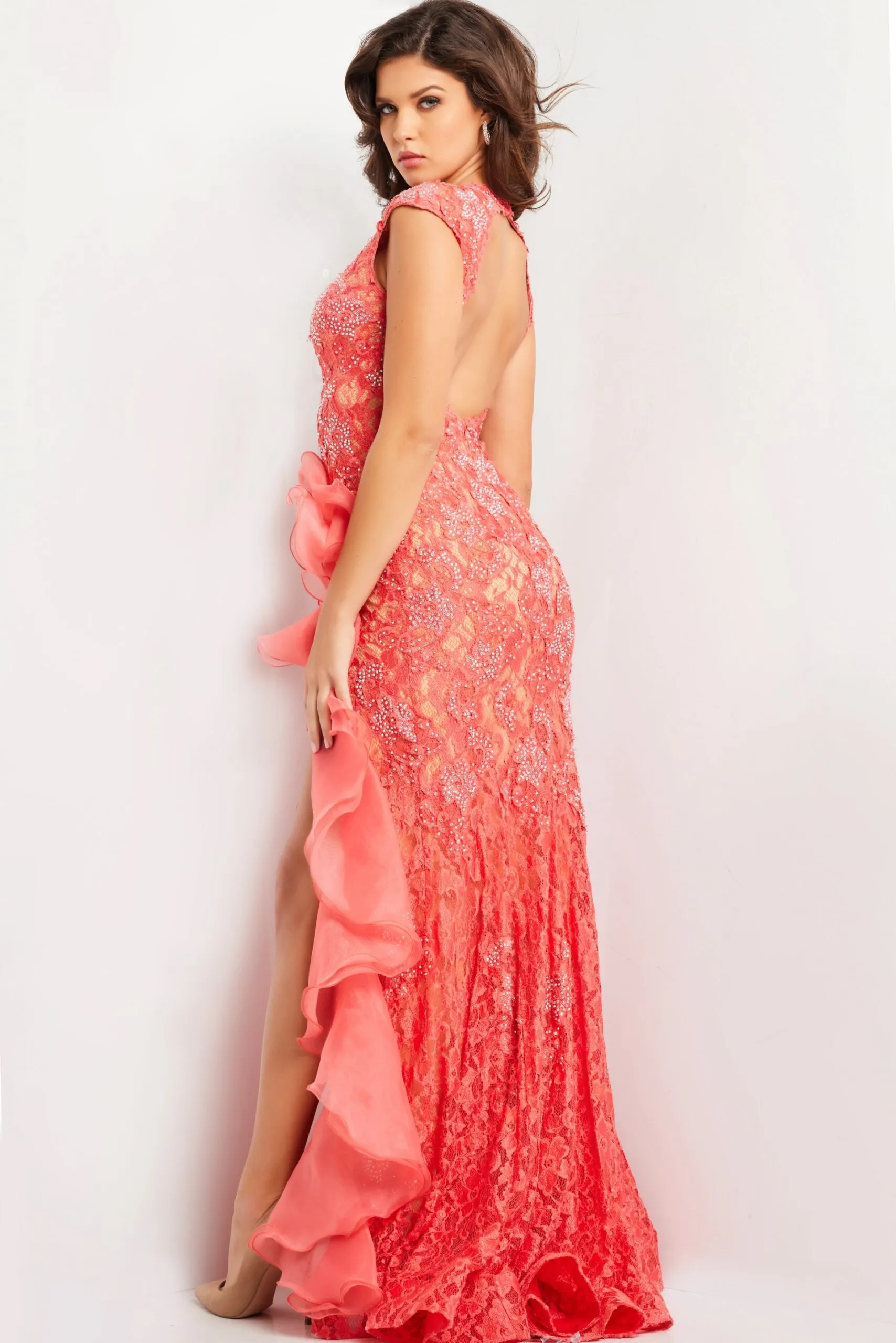 Lace Sleeveless Ruffled Slit Gown by Jovani 38668