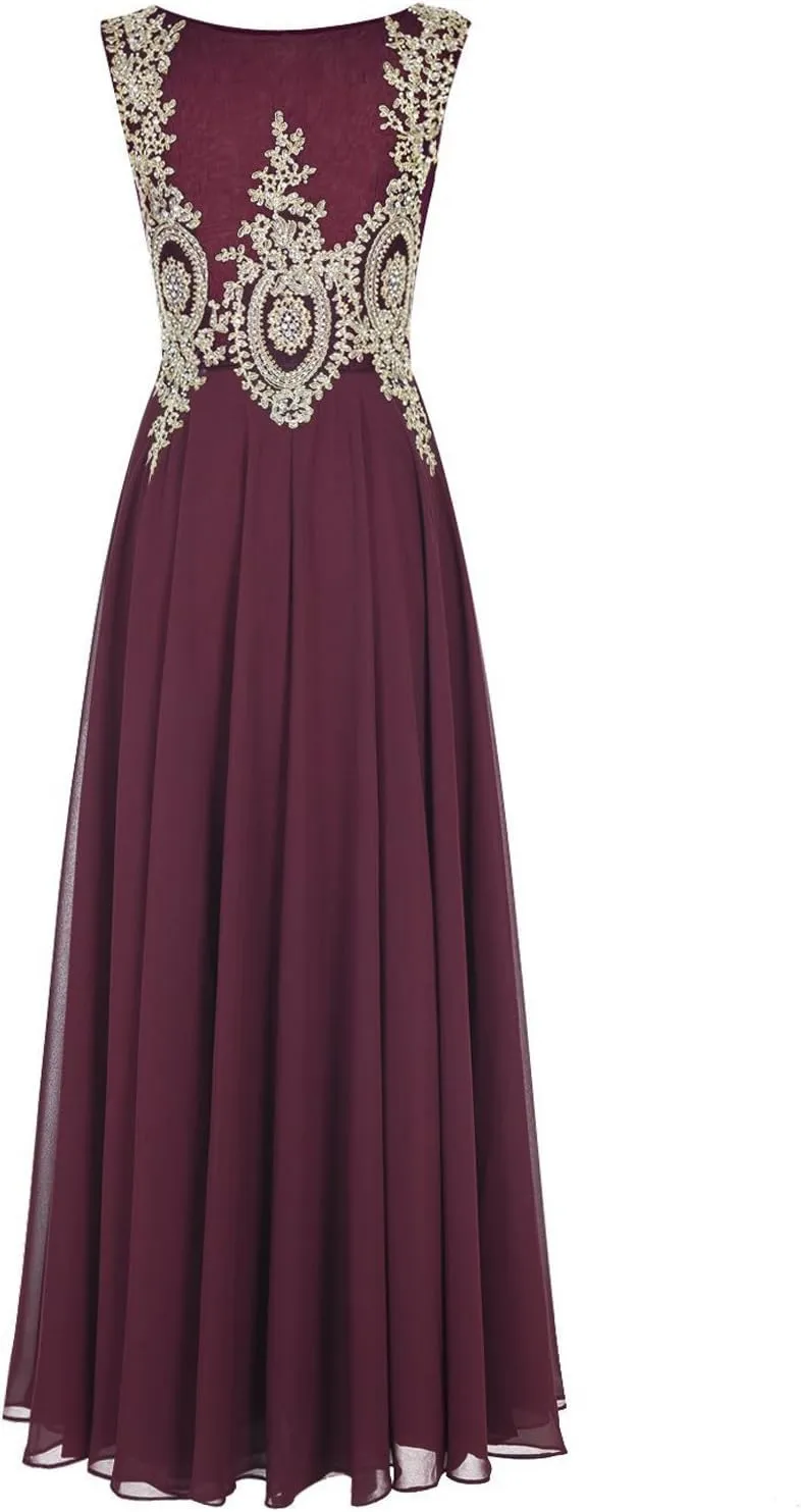 Lemai Crystals Gold Lace Chiffon A Line Sheer Back Formal Long Prom Evening Dresses