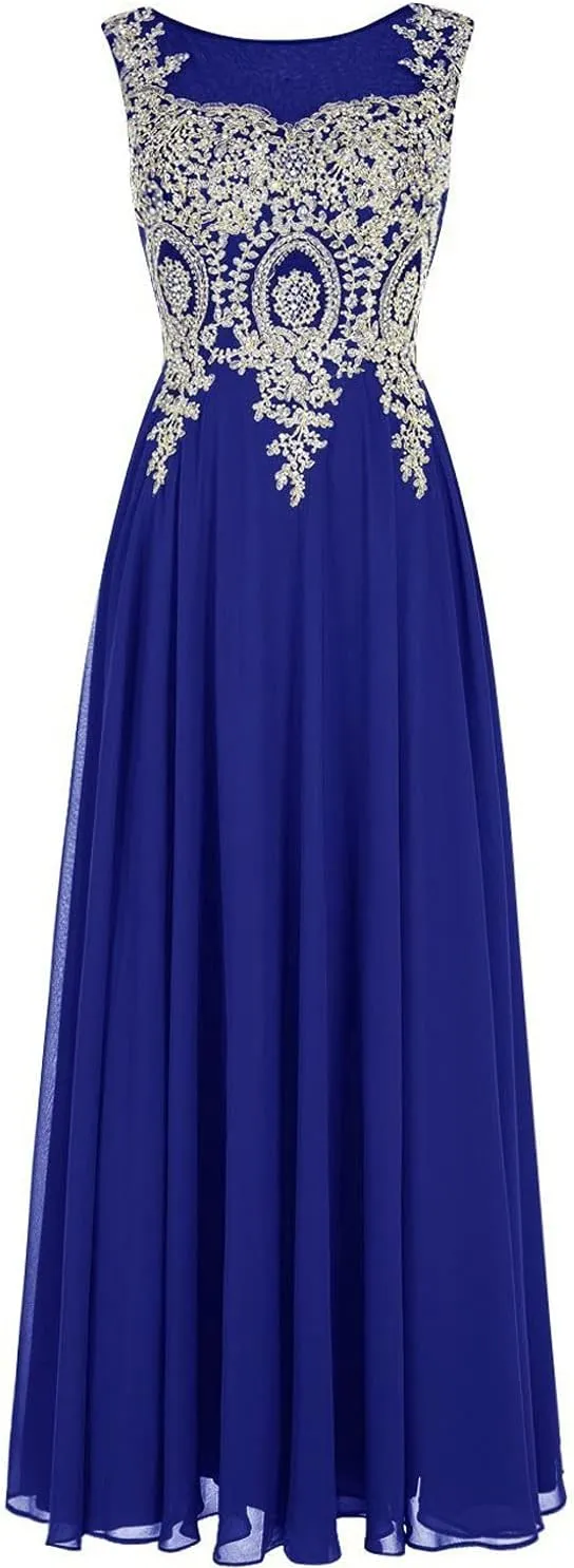 Lemai Crystals Gold Lace Chiffon A Line Sheer Back Formal Long Prom Evening Dresses