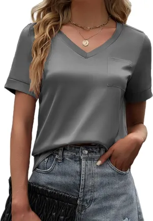 Maysoar Womens Satin Blouses for Women Short Sleeve Shirts V Neck Blouses Summer Casual Tops with Front Pocket