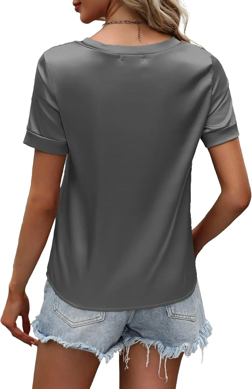 Maysoar Womens Satin Blouses for Women Short Sleeve Shirts V Neck Blouses Summer Casual Tops with Front Pocket