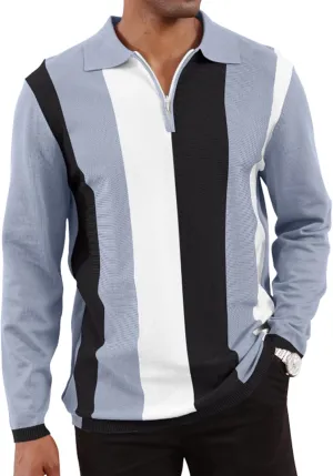 Men's Fashion Polo Shirts Vintage Striped Knitting Shirts Casual Slim Fit Golf Shirts