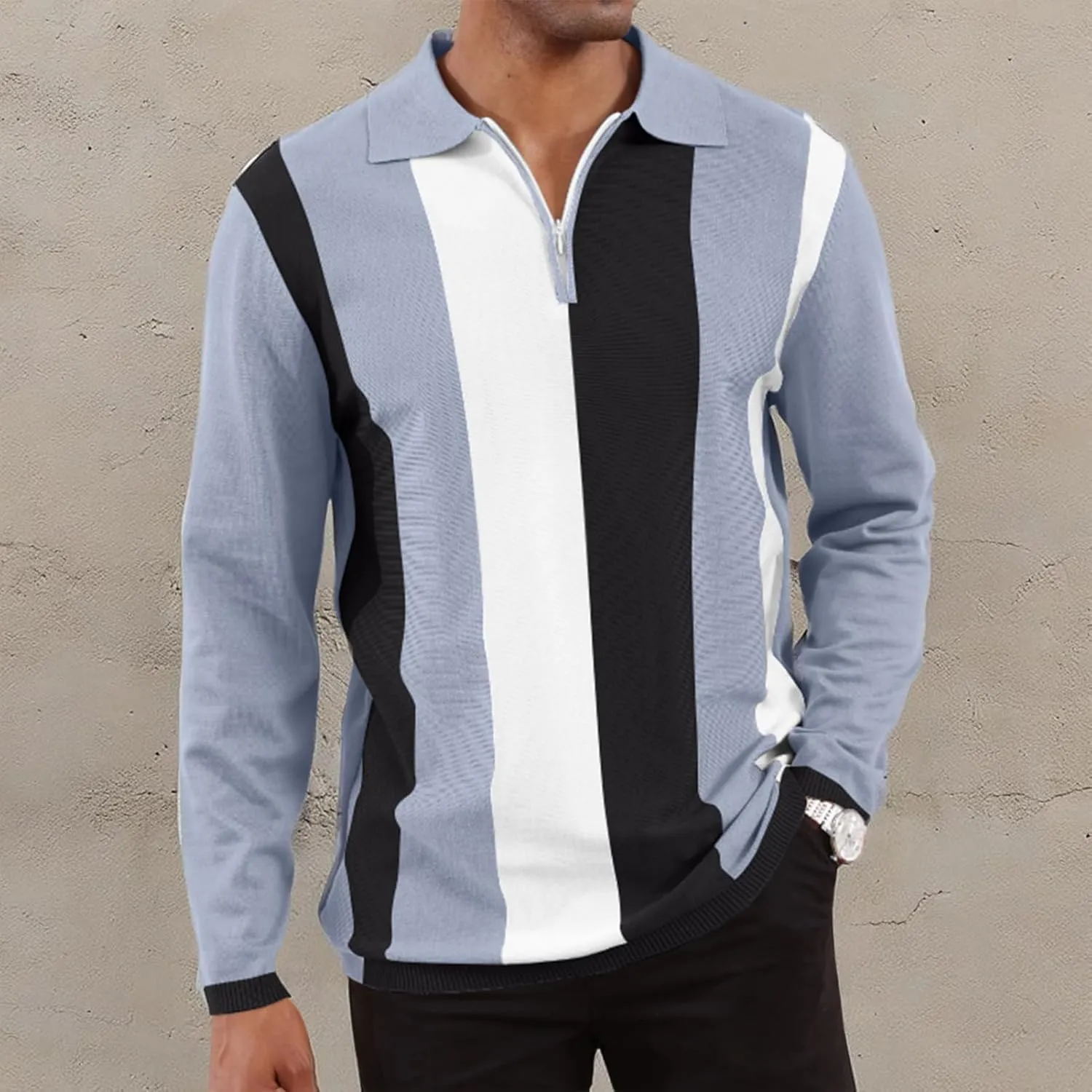 Men's Fashion Polo Shirts Vintage Striped Knitting Shirts Casual Slim Fit Golf Shirts