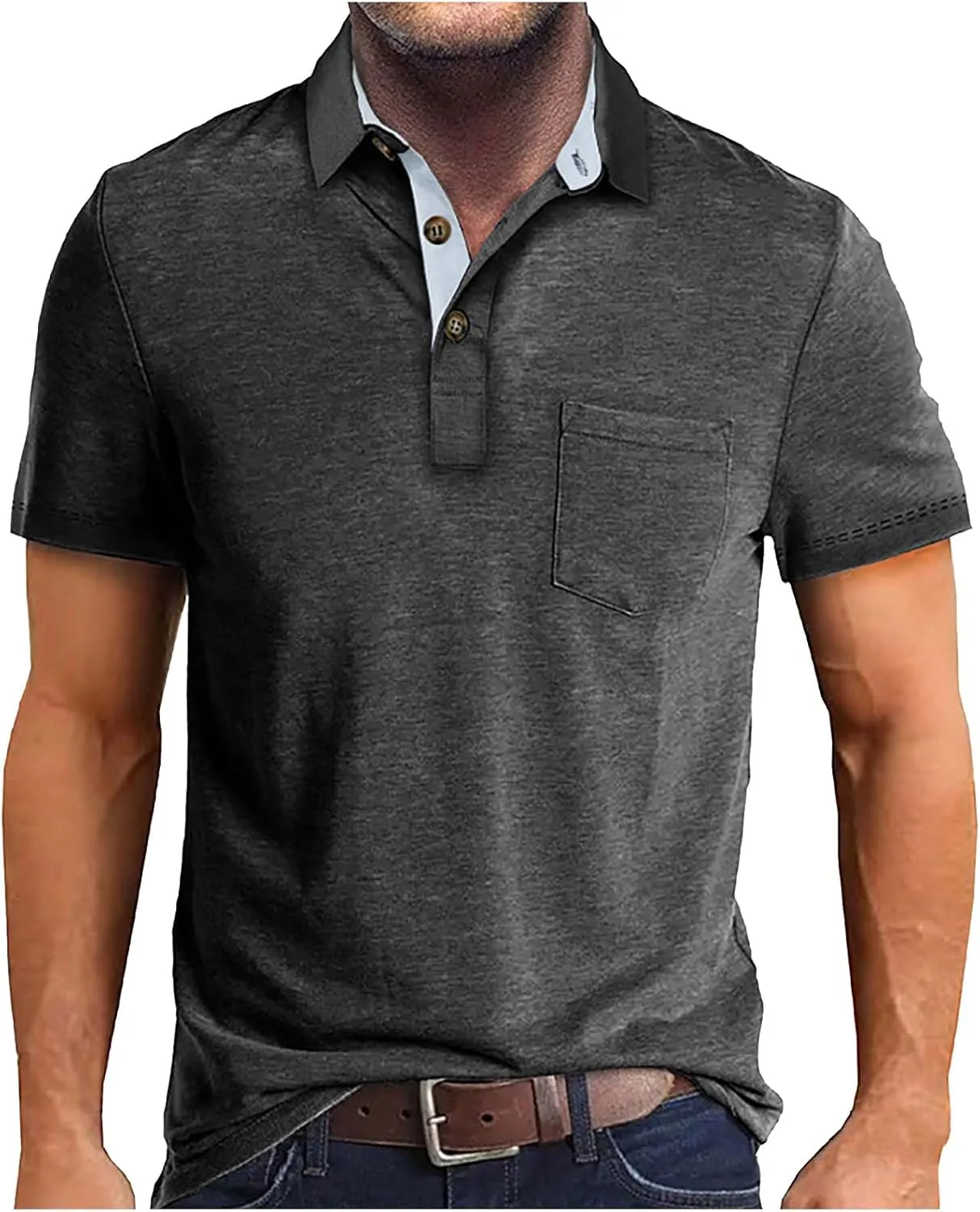 Men's Polo Shirts Casual Golf Short Sleeve Henley Shirts Button Down Solid Color Tees Classic Fit Tops with Pocket